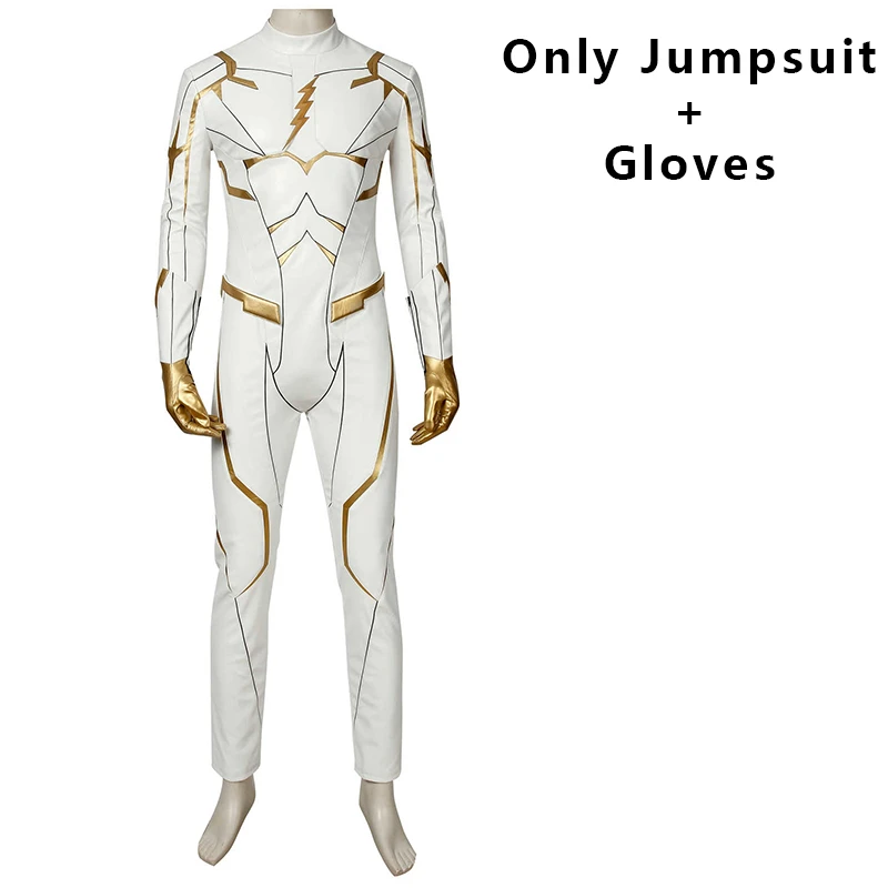 The Flash Season 5 Cosplay August Heart Barry Allen Costume Godspeed The Flash White jumpsuit Leather Halloween Suit Adult Boots - Color: without shoes mask