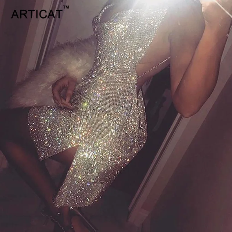 Articat, сексуальное платье с открытой спиной, золотое, серебряное, с блестками, для вечеринок, глубокий v-образный вырез, без рукавов, с высоким разрезом, чокер, платье, Клубное, мини-платье, Vestidos