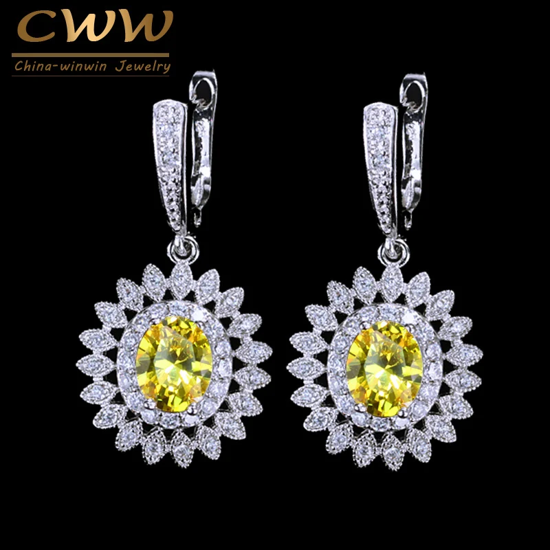 

CWWZircons Noble Silver Color Stunning Yellow Cubic Zirconia Stone Women Long Sun Flower Drop Earring with Easy Clasp CZ185