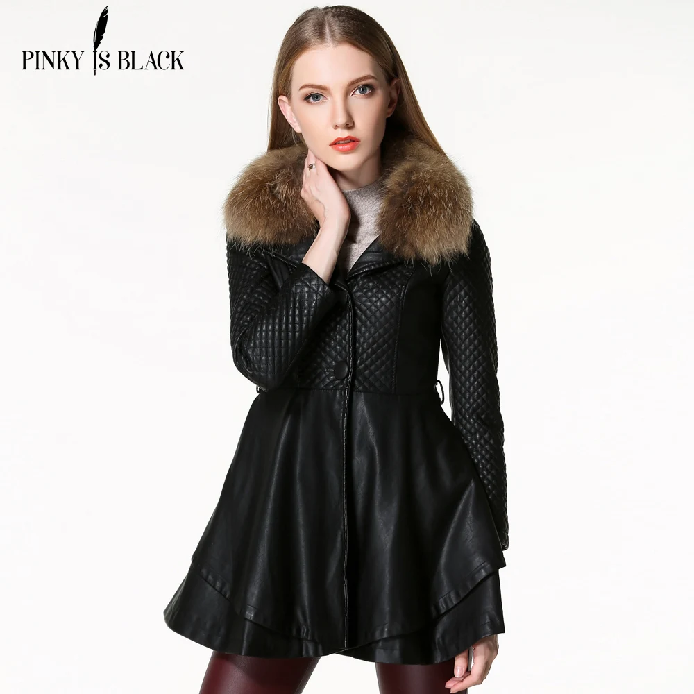 

Pinky Is Black autumn winter medium-long women outerwear Prismatic Ruffles hem women leather jacket coat real fur collar