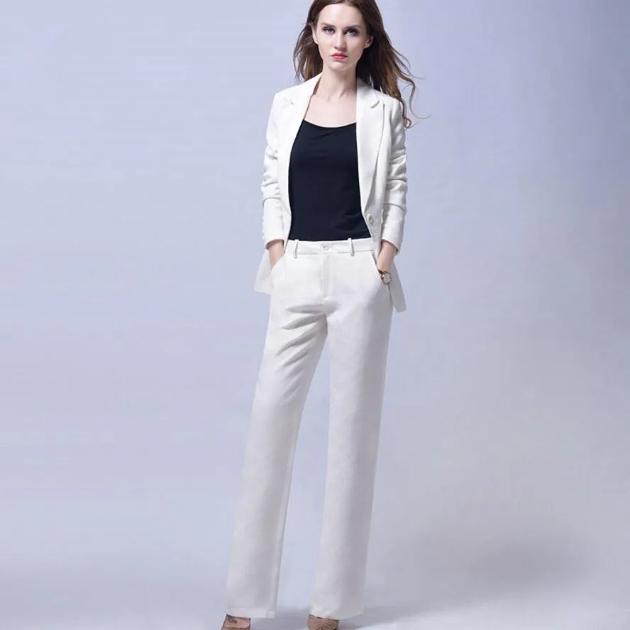White Trend Bussiness Formal Elegant Women Suit Set Blazers And Pants