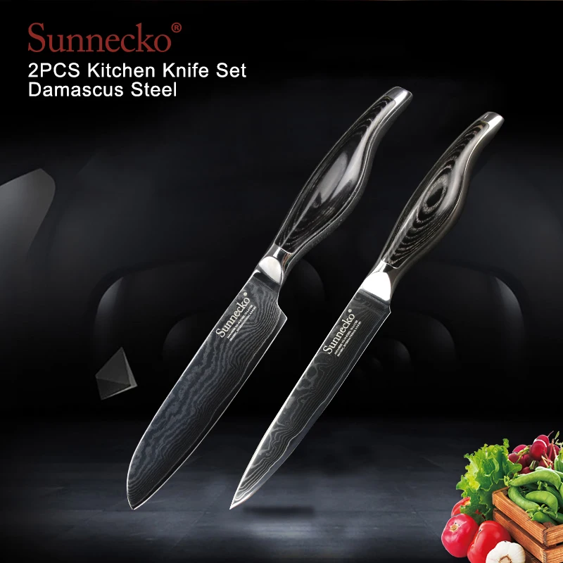 

SUNNECKO 2PCS Kitchen Knives Set Damascus 6.5" Chef Utility 5" Santoku Paring Knife Japanese VG10 Steel Blade Pakka Wood Handle