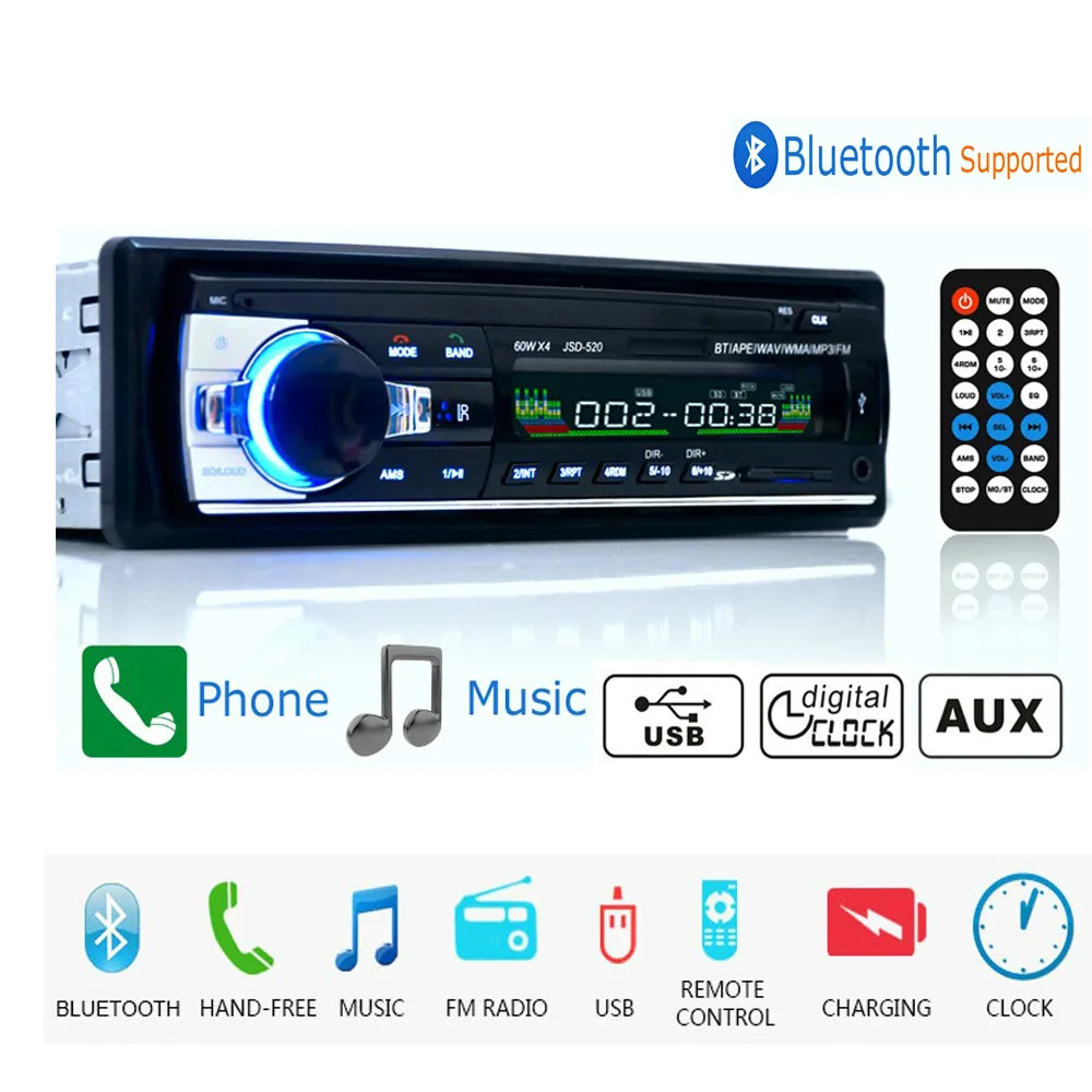 

Autoradio 12V JSD-520 Car Radio Bluetooth 1 Din Stereo Player AUX-IN MP3 FM Remote Control for Phone Audio