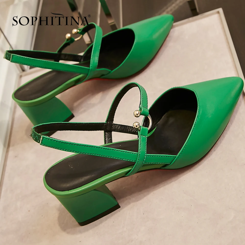 

SOPHITINA High Square Heel Sandals Slingback Spring Solid Fashion Shallow Women Shoes Genuine Leather Basic Dressing Sandal SO74