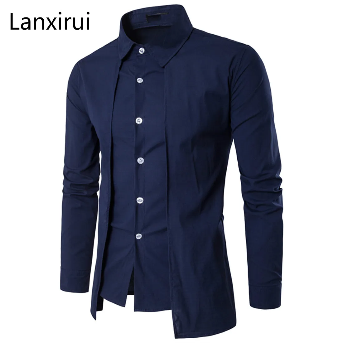 Черная белая рубашка мужская с длинным рукавом Лоскутная смокинг рубашки весна лето однобортный неправильный платье рубашки поддельные 2 шт - Цвет: Navy Blue