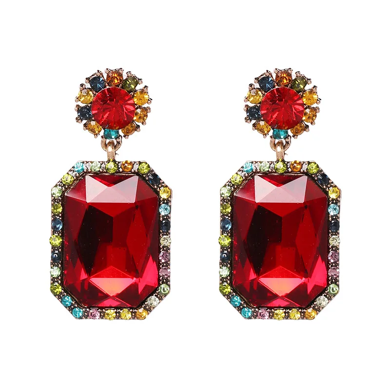 Qiaose High Qualtiy Big Crystal Gems Pendant Stud Earrings For Women Fashion Jewelry Maxi Collection Earrings Accessories