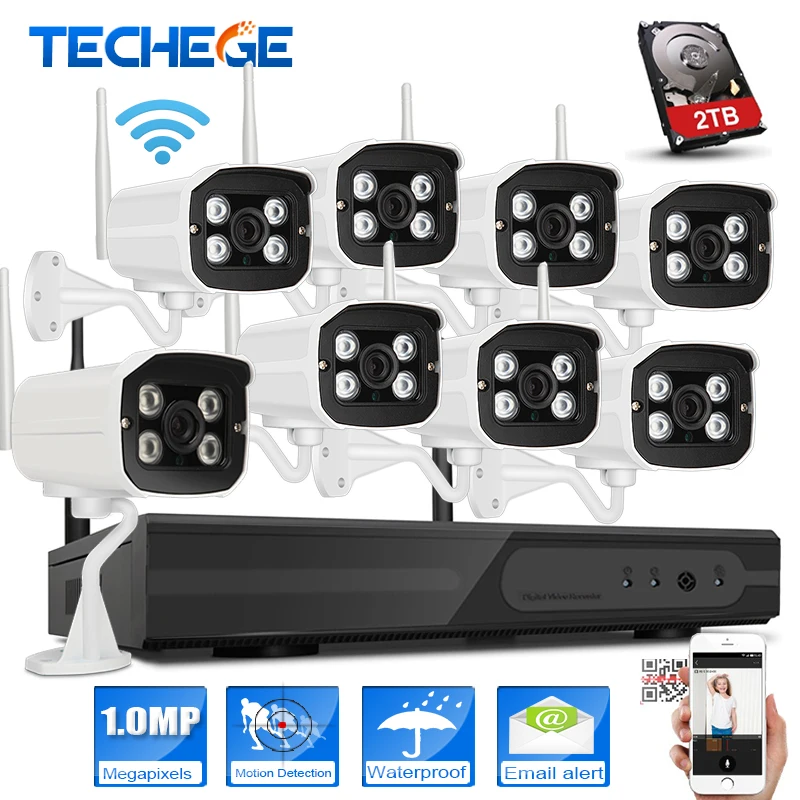 Techege 8CH 1080P NVR WIFI Surveillance Kit Plug and Play 720P HD 1.0MP Wireless Waterproof Night Vision Security CCTV System