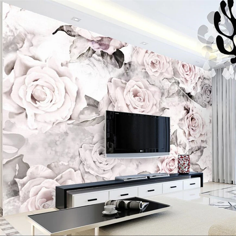 

beibehang Vintage pastoral hand-painted roses TV background wall painting custom large mural green silk cloth wallpaper