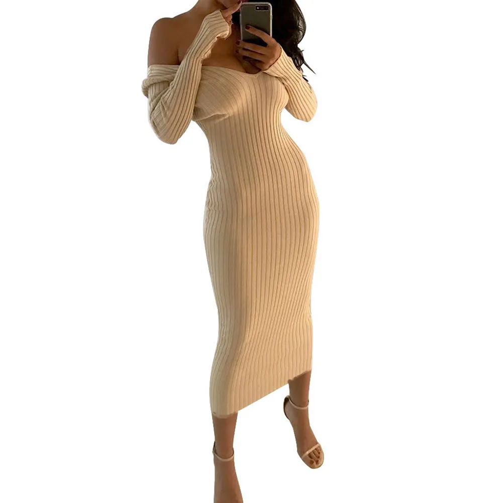 

Breathable Cotton Bodycon Pullover Women Dress Soft Knitted Evening Party Solid Midi Off Shoulder V Neck Charming Sexy