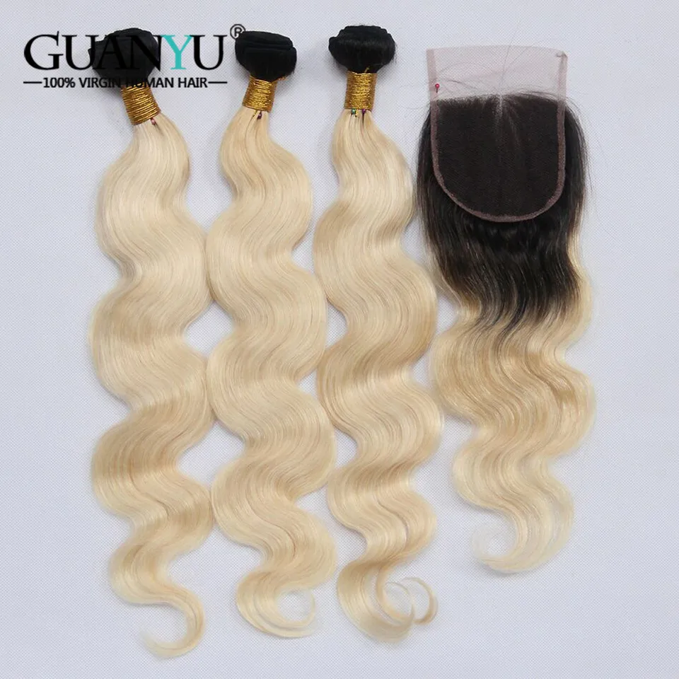 Guanyuhair Remy 1B/613 Ombre бразильской Волне Тела Пучки волос с закрытием 2 тон Черный Блондинки натуральные волосы утка с темные корни