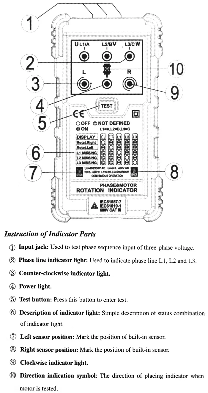 Peakmeter MS5900 индикатор вращения двигателя и фазы трехфазный индикатор вращения последовательный тестер напряжения тока частоты