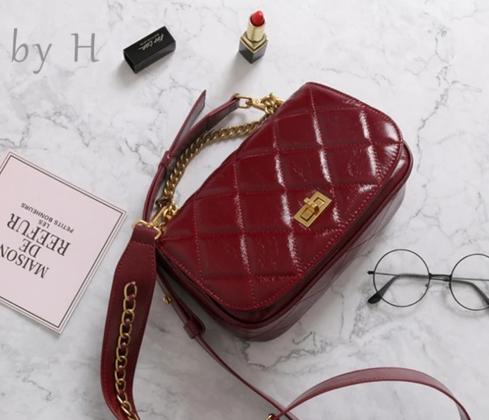 

by H 100% cow leather womens fashion clutch metal chain cross body Crinkled leather messenger bag mini purse wide strap handbag