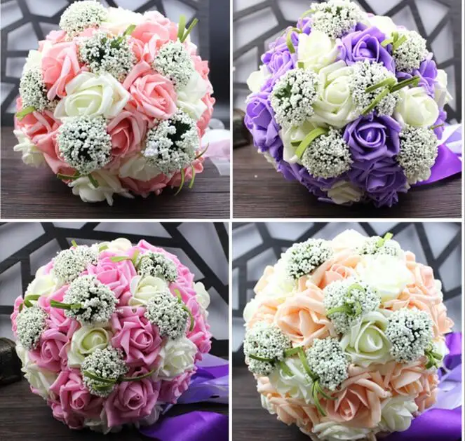 1444 25 De Réductionartificielle Pe Rose Gypsophile Mariée Bouquet Fleur Boule Avec Ruban Pour Mariée Mariage Fête Saint Valentin Anniversaire In