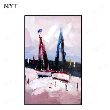 

Handpainted Modern abstract 2 boats at beach Wall art picture on canvas Oil Painting for Living Room home Decor no framed