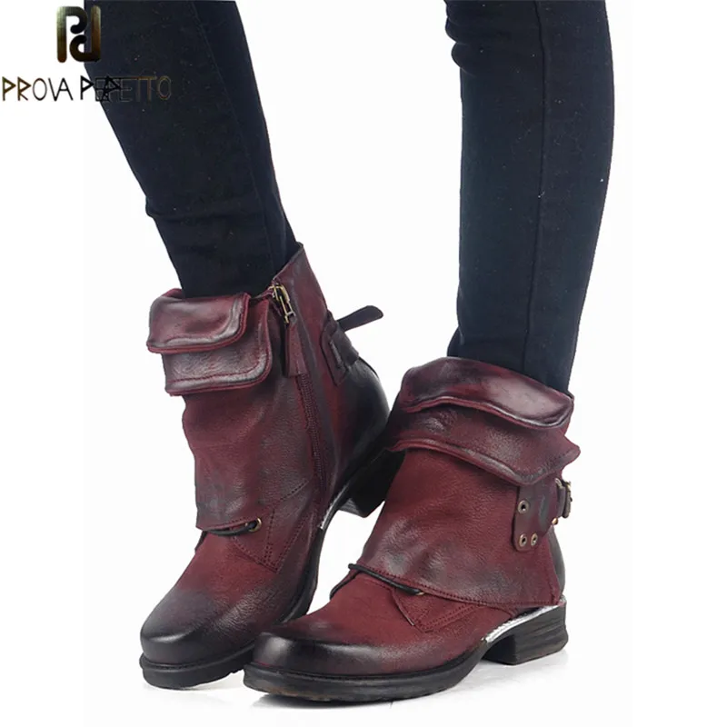 

Prova Perfetto Retro Design Genuine Leather Do Old Short Boot Comfort Mid-Heel Square Toe Turned-Over Large Size Martin Boots