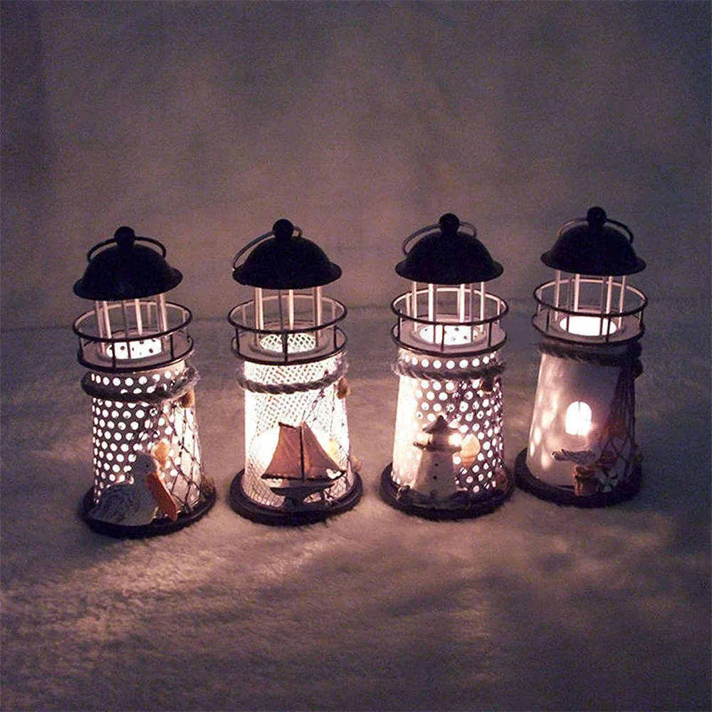 

Miniature Lighthouse 14cm Hand Painted Lighthouse Iron Model Candle Holder Nautical Fish Net Shell Buoy Decor Narrow Model#es