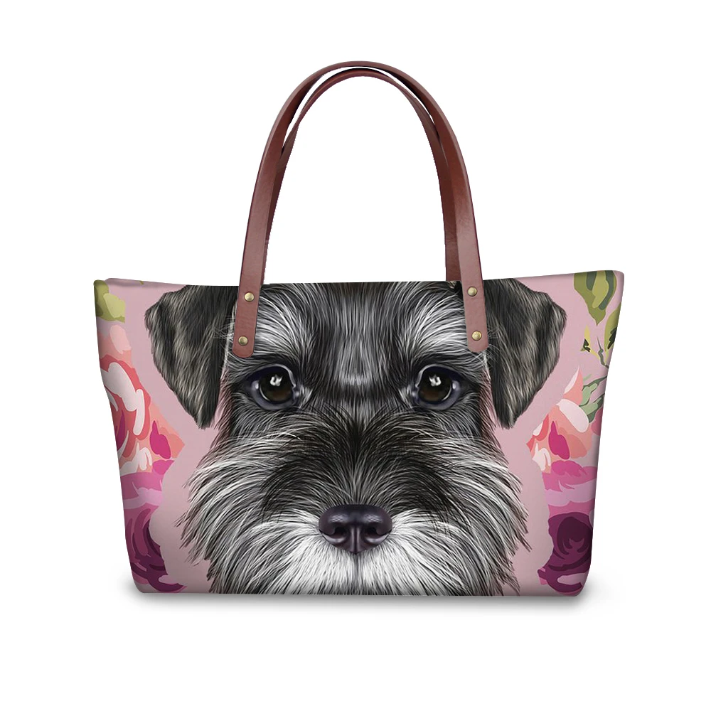 

Noisydesigns Schnauzer Flower Shoulder Bags Women Shopper Tote Designer Bag Ladies Handbags Quality Waterproof Beach Bags 2018