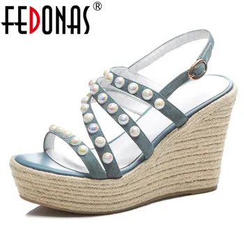 

FEDONAS Fashion Casual Women Wedges Heels Summer Suede Leather Pearl Sweet Sandals Prom Party Shoes Woman Comfortanle High Heels