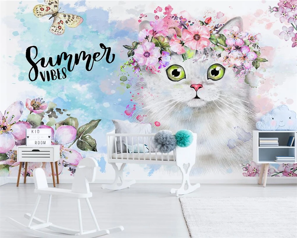 Beibehang Custom wallpaper Nordic Simple Flower Kitty Children's Room Decoration Background Living room Bedroom 3d wallpaper