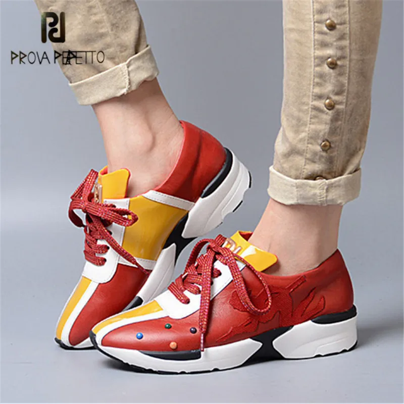 

Prova Perfetto Mixed Color Ladies Shoes Lace Up Platform Shoes Tenis Feminino Casual Espadrilles Genuine Leather Sneakers