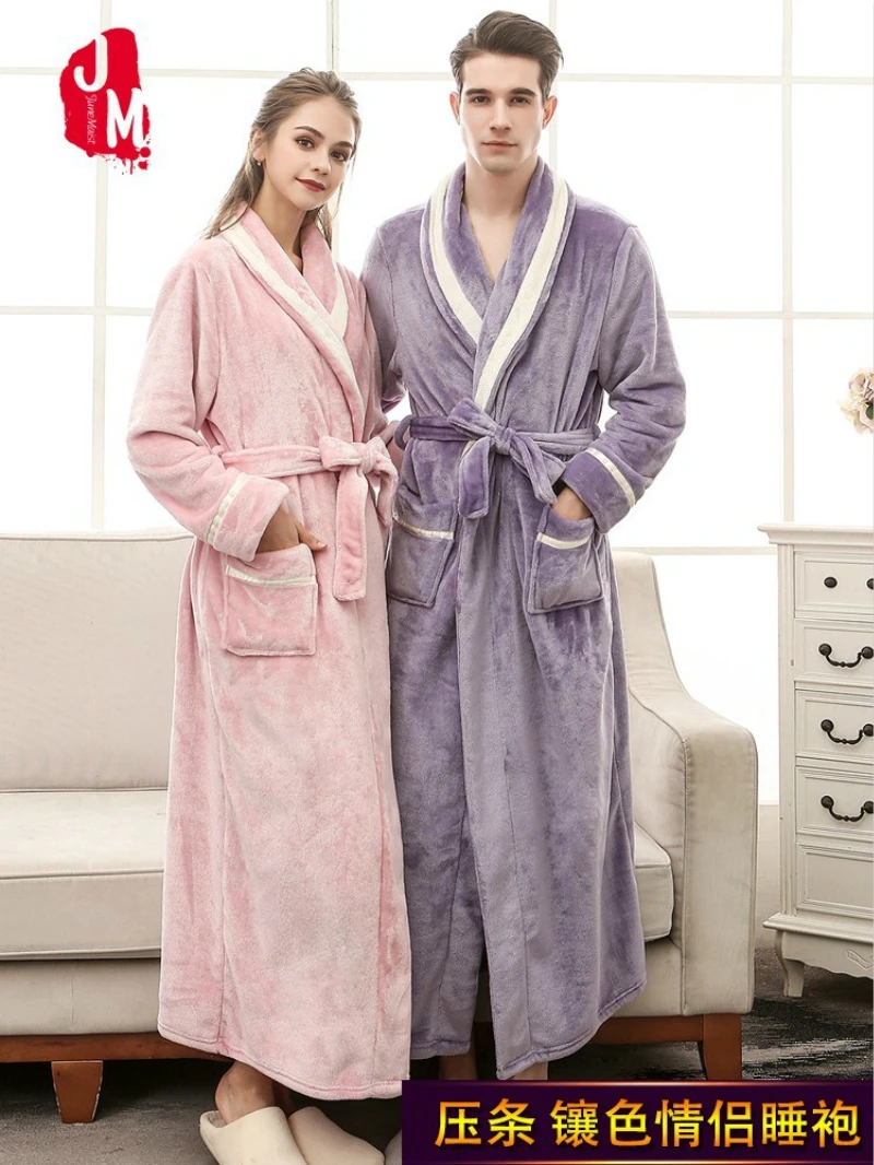 

Winter Couples Thick Warm Flannel Robe Lovers Man And Women Long Kimono Bathrobe Thermal Ankle-Length Coral Fleece Kimono Robes