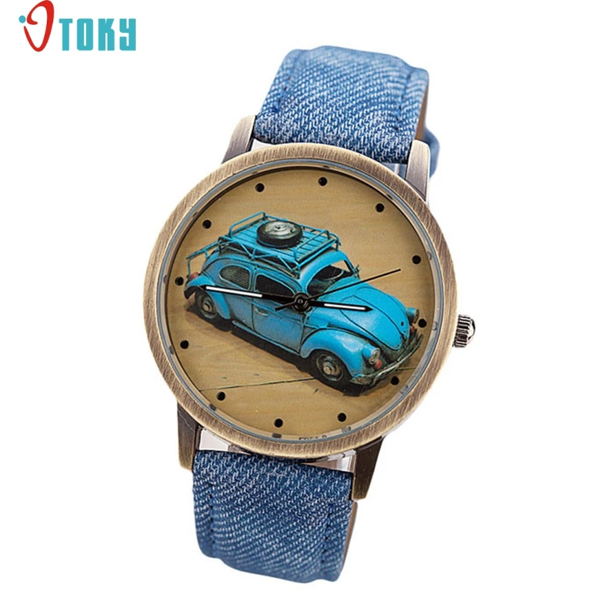 

quartz wristwatches Willby Concise Fashion Men And Women Retro Car Pattern Denim Twill Strap Watch DEC12