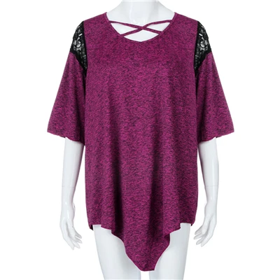Женская Ассиметричная Туника большого размера, кружевная Лоскутная блуза, женская модная блуза с перекрестными ремешками, большие XL-5XL - Цвет: Фуксия