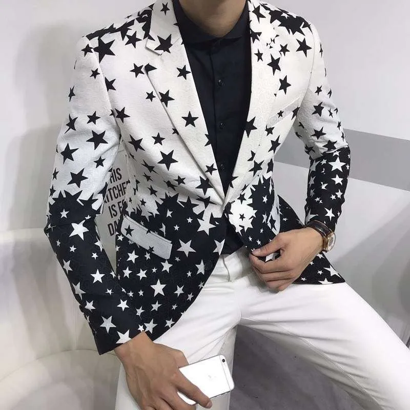 Принт со звездой Slim Fit пиджак 2019 Фирменная Новинка Мужской клуб Stage блейзер человек формальный свадебный костюм спортивные пиджаки для выпу... Принт со звездой Slim Fit пиджак 2019 Фирменная Новинка Мужской клуб Stage блейзер человек формальный свадебный костюм спортивные пиджаки для выпу...