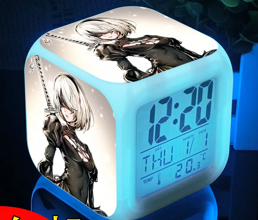 Nier Automata 2B YoRHa 7 Color Change Digital USB Alarm Clock  Kids Gift
