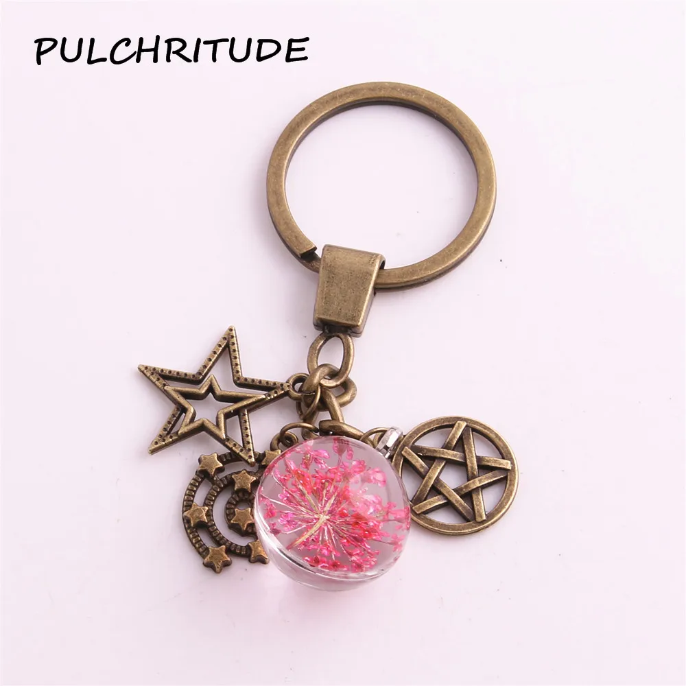 PULCHRITUDE металлический сплав бронзовое кольцо для ключей 2 шт./партия сушеный цветок Шарм брелки звезды Шарм Подвеска с пентаграммой Diy Ювелирные изделия c1883
