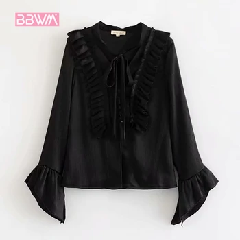 

Women's 2018 new elegant wooden ear buckle V-neck ribbon with lotus leaf sleeves black shirt top