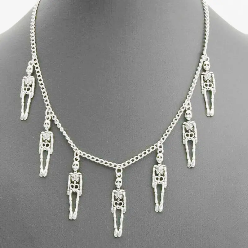 

Gothic Skull Necklace Vintage Silver Halloween Skeleton Necklace Pendant Long Necklace Punk Rock Jewelry For Men Friendship Gift