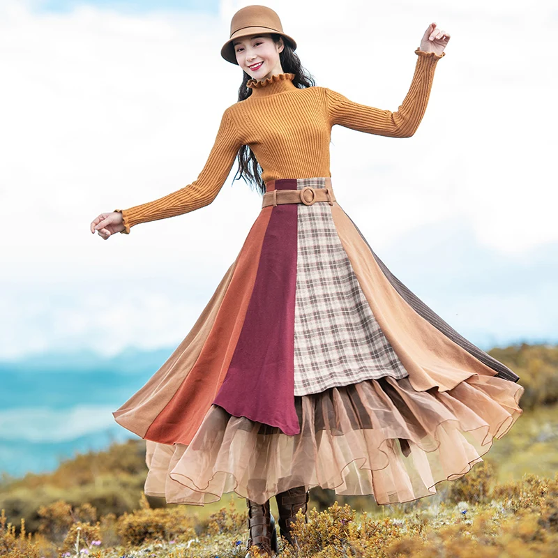 Gratis Verzending 2019 Boshow Nieuwe Herfst En Winter Vintage Lange Maxi Hoge Taille A-lijn Plaid Patchwork Mesh kirt Wol Vrouwen rokken