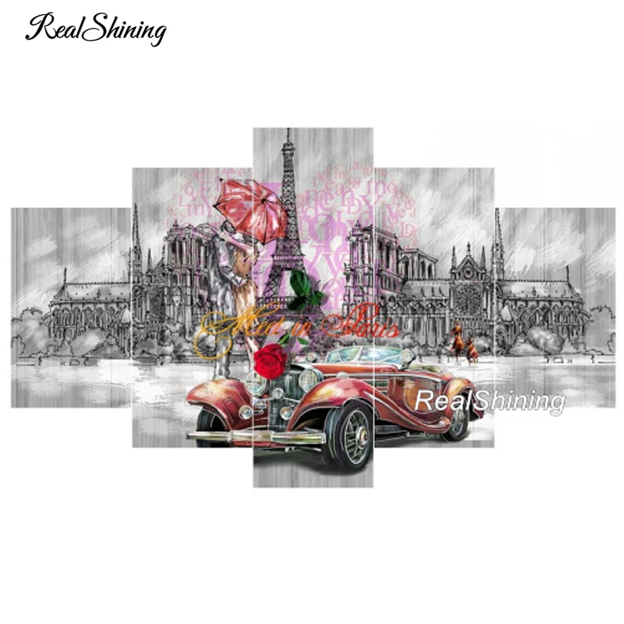 

REALSHINING Needlework DIY Full Embroidery Painting Paris Lover 5Pc Diamond Painting Mosaic Square Rhinestone Cross Stitch DM662