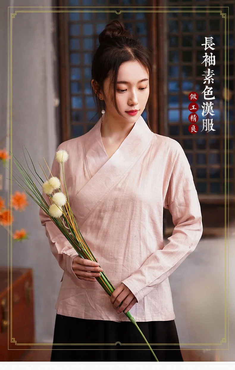 Chinese Top Spring Summer Female Ancient Hanfu Originally Long Sleeve Ladies Chinese Tops Cotton Linen Chinese Tunic Blouse