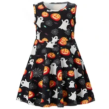 Милое платье принцессы с принтом в виде тыквы; костюм на Хеллоуин для девочек; праздничные платья без рукавов; одежда для детей; От 4 до 13 лет