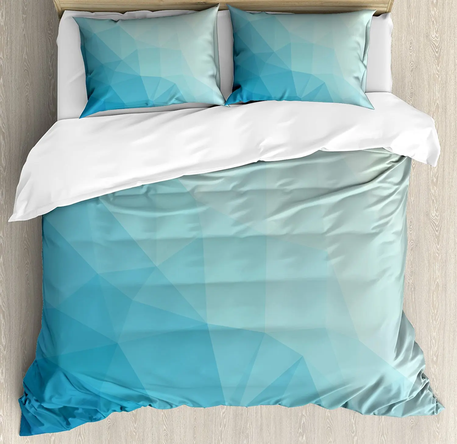 Teal and White Duvet Cover Set Ombre Inspired Pattern with Low Poly