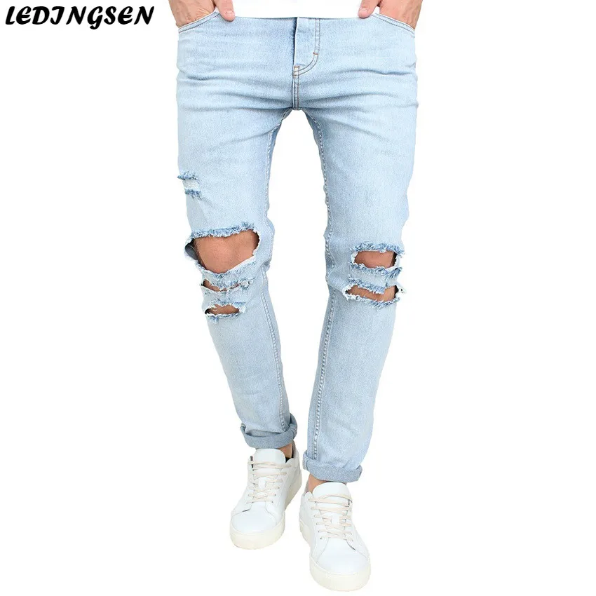 

LEDINGSEN Mens Skinny Ripped Jeans Blue Distressed Denim Stretch Jeans Men Hombre Slim Fit Fashion Elastic Jean Pants Size 36