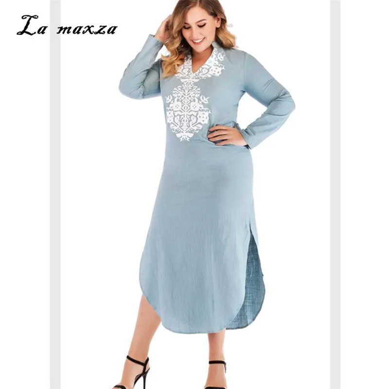 

Plus Size 2018 Women Autumn Dress Casual Vintage OL Print Elegant Dress Sexy Maxi Dress 3XL