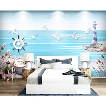 

Modern Wall Papers Blue Sea Lighthouse Photo Wallpaper Murals Living Room Papel De Parede 3D Self Adhesive Vinyl/Silk Wallpaper