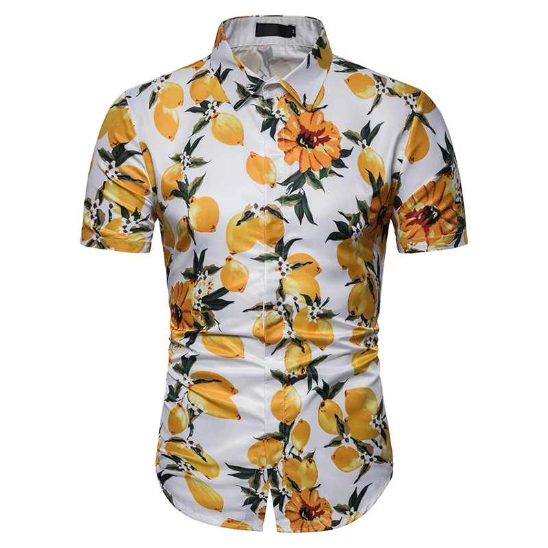 Covrlge мужские летние Полиэстеровые 3D цветочные рубашки с отложным воротником с коротким рукавом, желтая рубашка повседневные рубашки MCS078