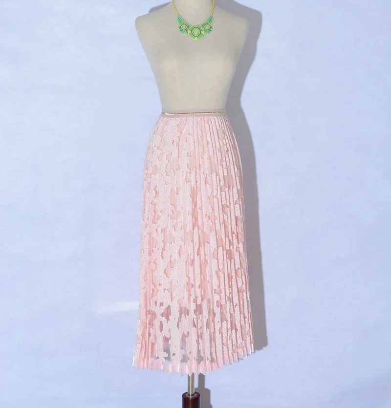 Юбка-карандаш Saia Longa Европа Империя полиэстер хлопок и Америка Настоящее стиль Женская плиссированная кружевная юбка с высокой талией