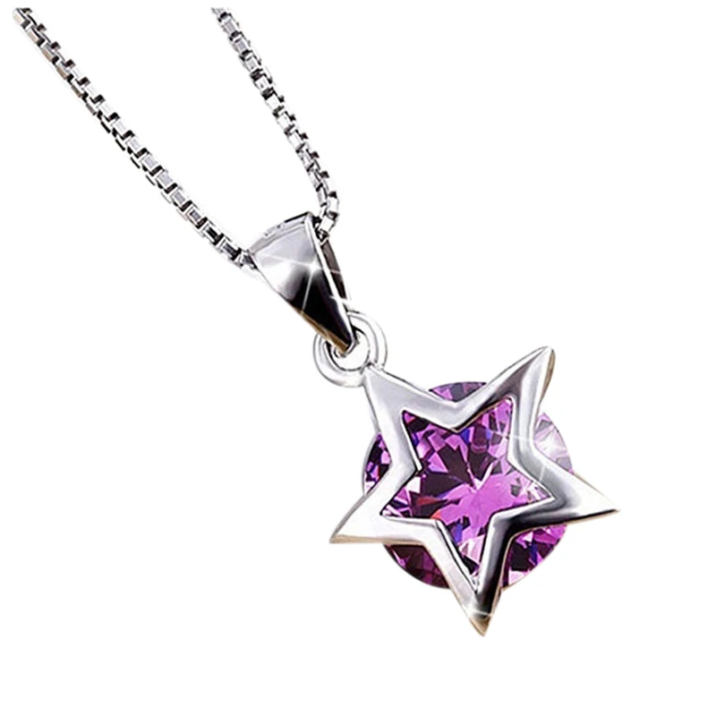 Silver tone Plated Zircon Crystal Five pointed Star Pendant Chain Necklace font b Jewelry b font