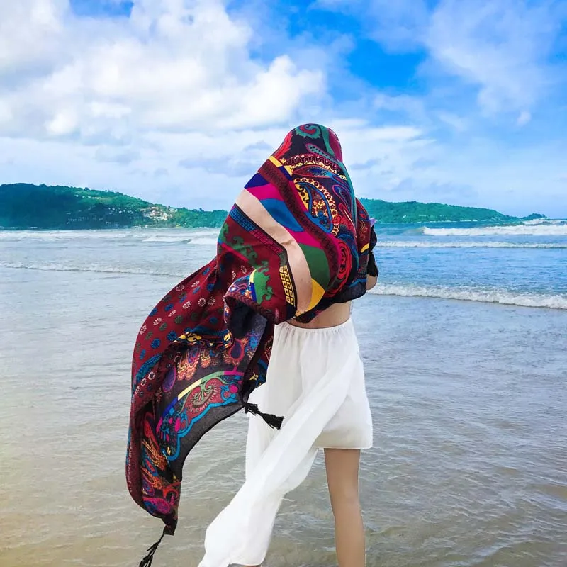 

Bohemia Style Beach Towel with Tassels Camping Yoga Mat Blanket Seaside Bath Towel Block UV Thin Scarf 180x95cm