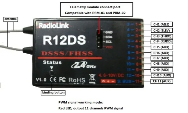 RadioLink R12DS 12CH 12 канальный приемник 2,4 Ghz для AT10 передатчик самолета воздушное устройство для фотографирования