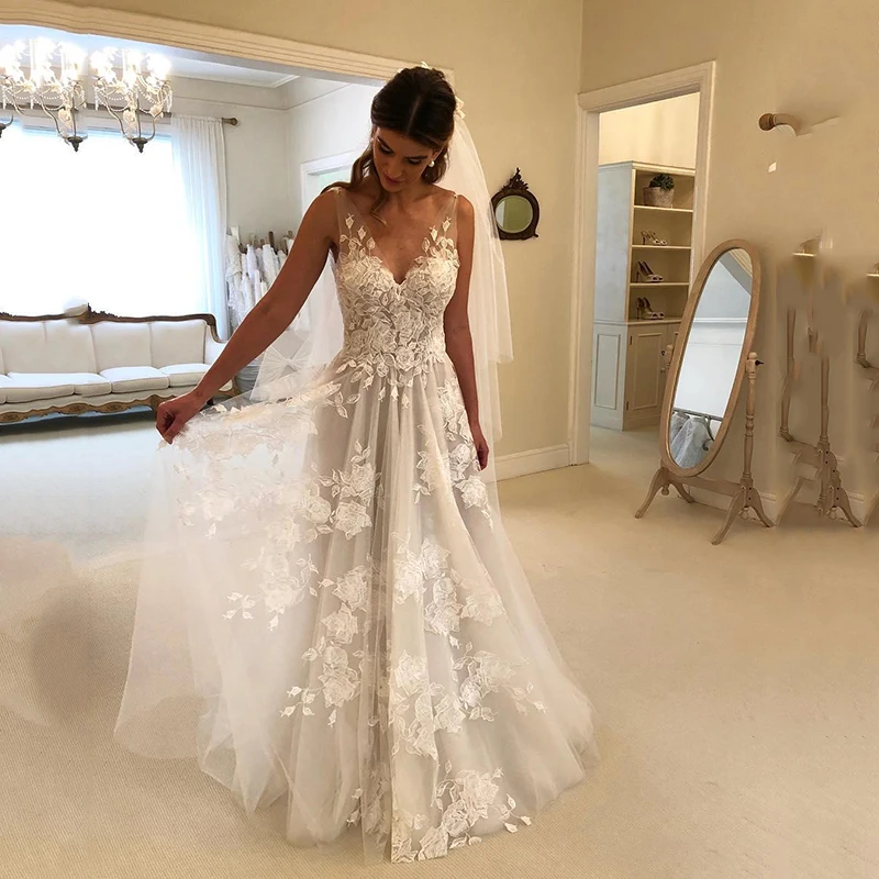 A-Line/Princess V-neck Court Train Tulle Lace Wedding Dress With Beading Lace