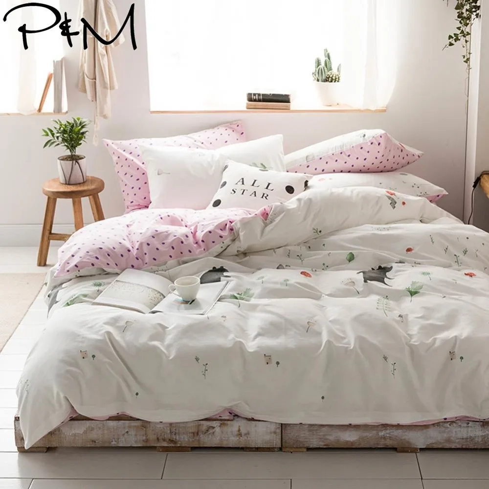 

2019 PAPA&MIMA Grey Bear Floral Bedlinens Twin Queen King Size Cotton Duvet Cover Set Pillowcases 3/4pcs Bedding Set