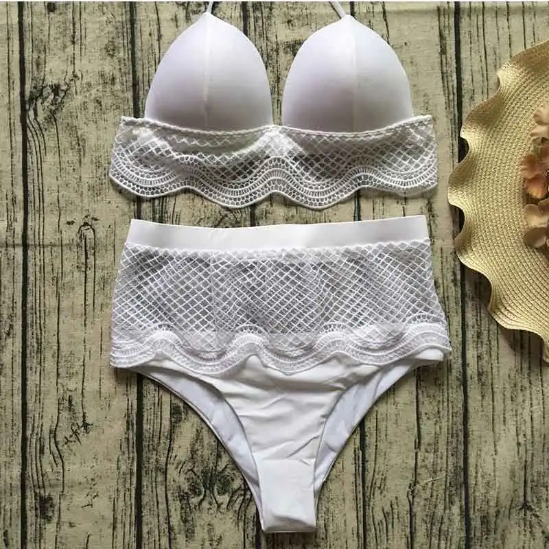 White scalloped lace bikini swimsuit two piece set high waisted women push up separate female small fresh swimwear wire free