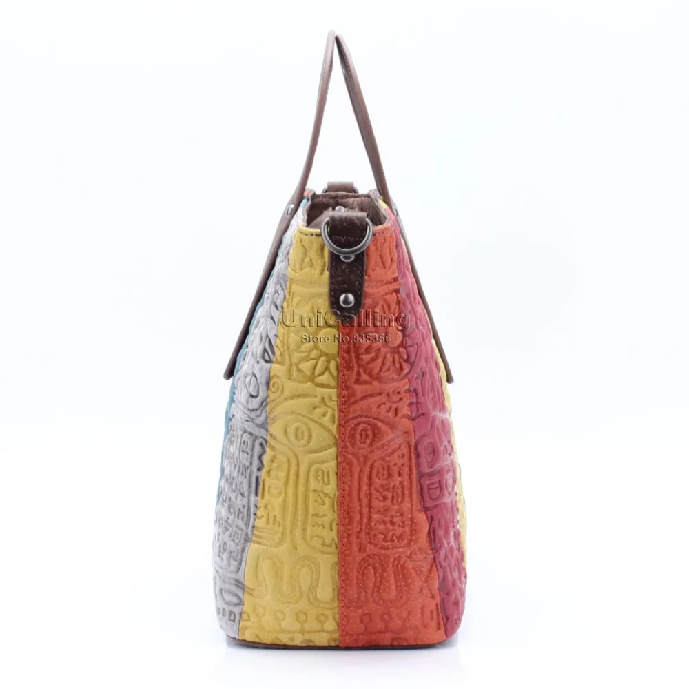 Unicalling цвет женщины сумку Полосатый многоцветный со вставками из натуральной кожи сумки женские сумки модные иероглифической женские сумки