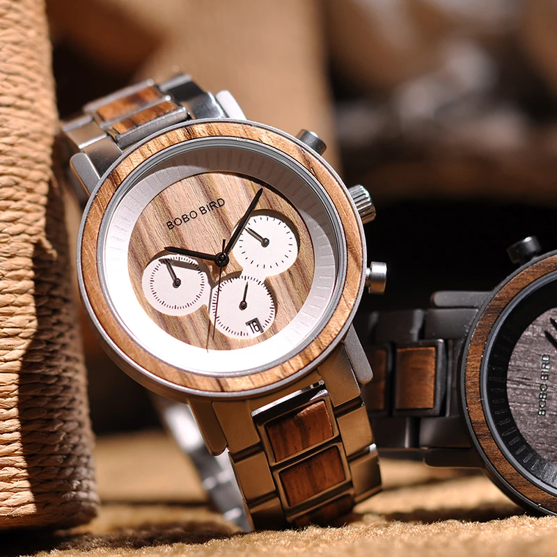 BOBO BIRD Stainless Steel Wooden Watch Chronograph Men Sport Waterproof Military Watches Relogio Masculino